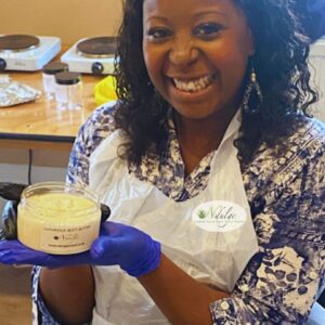 Caroline making body Butter at the Ndulge and Sip Workshop