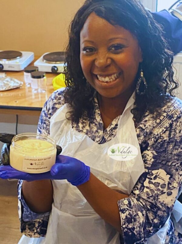 Caroline making body Butter at the Ndulge and Sip Workshop